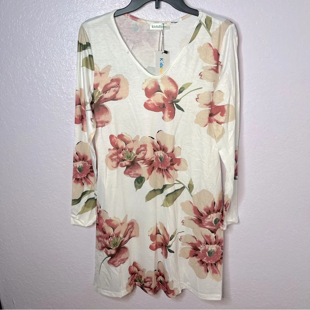Women’s Floral TShirt Soft Casual Mini V Neck Lightweight Swing Dress Size L NEW